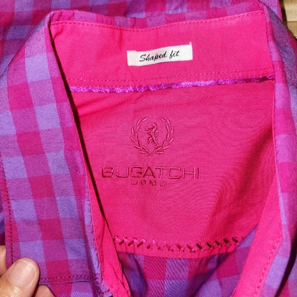 BUGATCHI Shaped Fit Purple And Pink Checkered Long Sleeve Button Shirt Size L - Picture 10 of 11